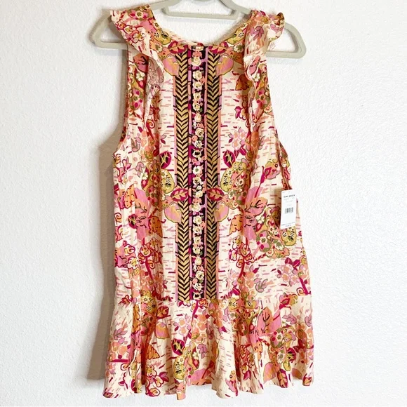 FREE PEOPLE SUMMER IN TULUM LINEN BLEND TUNIC PEBLUM PINK FLORAL mini dress/TOP - Picture 6 of 16